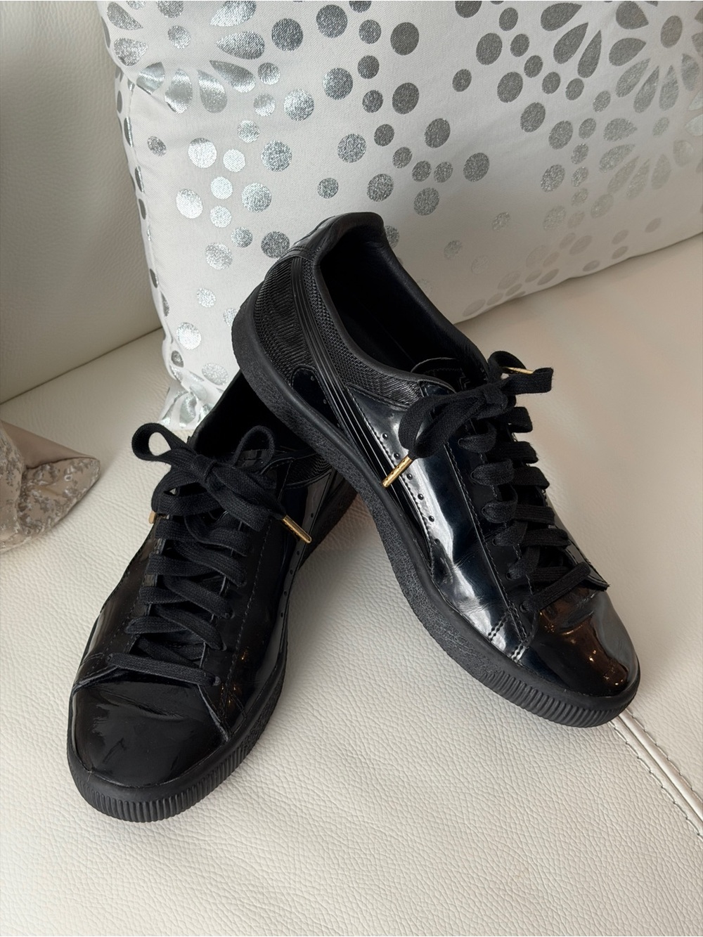 Puma Black Patent Low-Top Sneakers with Gold Accents